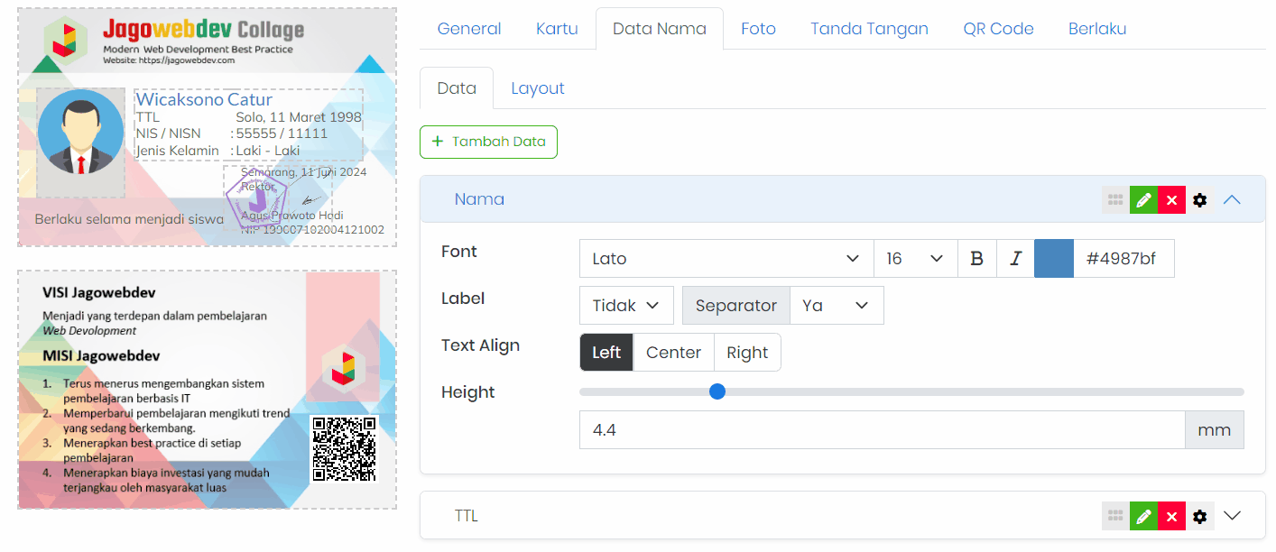 Tampilan pilihan jenis huruf pada menu desain kartu